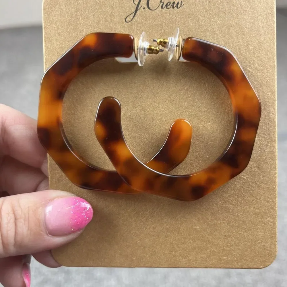 J Crew Brown Tortoise Resin Hoop Earrings Women Jewelry Modern Statement Chunky
